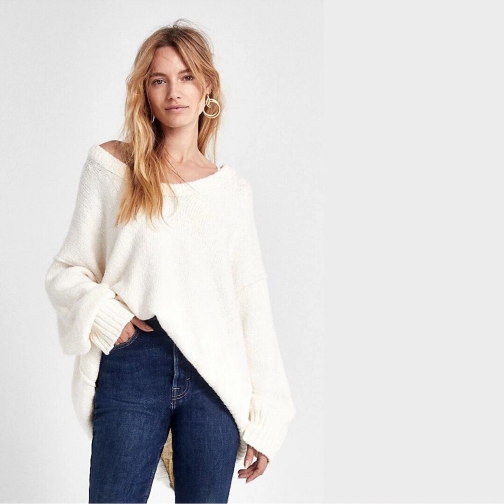 NWT $128 Free People "Brookside" ivory oversized boyfriend tunic sweater XS